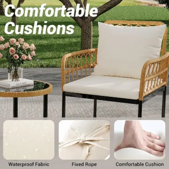 3 Piece Patio Bistro Set, Outdoor Wicker Apartment Balcony Furniture Sets, Rattan Table and Chairs Set of 2, Beige image {3}