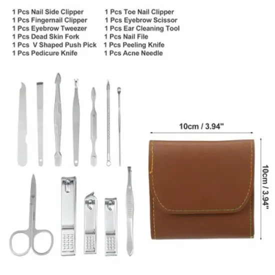 Unique Bargains PU Leather Stainless Steel Pedicure Manicure Set Silver Tone 12 Pcs image {1}