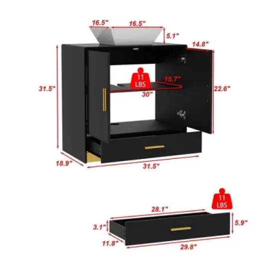 FUFU&GAGA Modern Bathroom Vanity Cabinet with Gold Handles, High-Gloss Finish image {6}