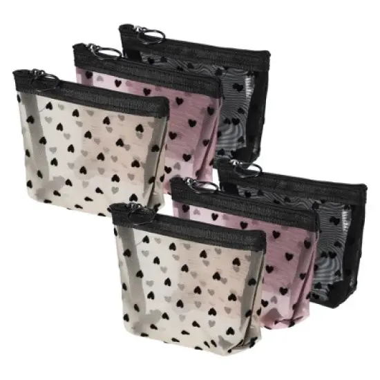 Unique Bargains Heart Shape Print Mesh Makeup Bag Black Beige Pink 6 Pcs image {6}