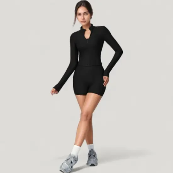 Anna-Kaci Active Women's Long Sleeve Ribbed Zip-Up Athletic Jacket with High Neckline image {2}