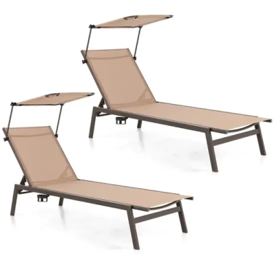 Costway 2 PCS Outdoor Chaise Lounge Chair with Sunshade 6-Level Adjustable Recliner image {9}