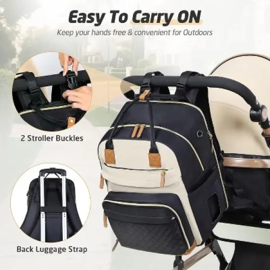 Itopfox Expandable Large Diaper Backpack for Twins, Travel Baby Bag with Changing Pad, Insulated Pockets, 25-37L Capacity, Apricot Black image {2}