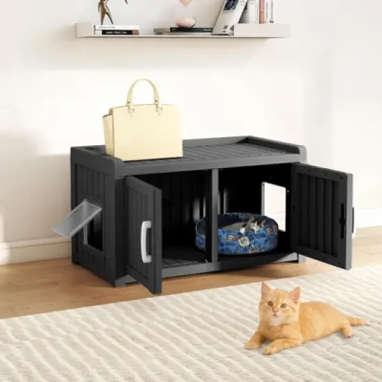 Dolonm Cat Litter Fence,Three Compartments, Cat Cabinet, Hidden Cat Litter Box, Home Style Storage Stool,Black image {8}