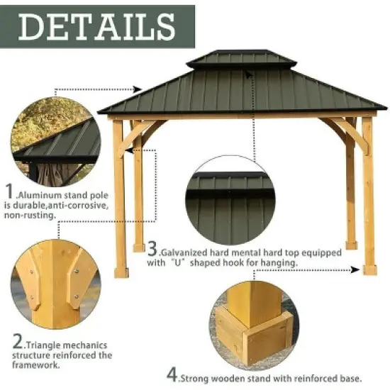 Aoodor Patio Solid Wooden Gazebo 10 x 12.36 ft. Hardtop Roof 2 - Tier for Garden image {1}