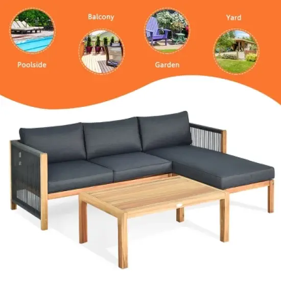 Costway  3PCS Patio Sofa Furniture Set Thick Cushion Acacia Wood image {5}