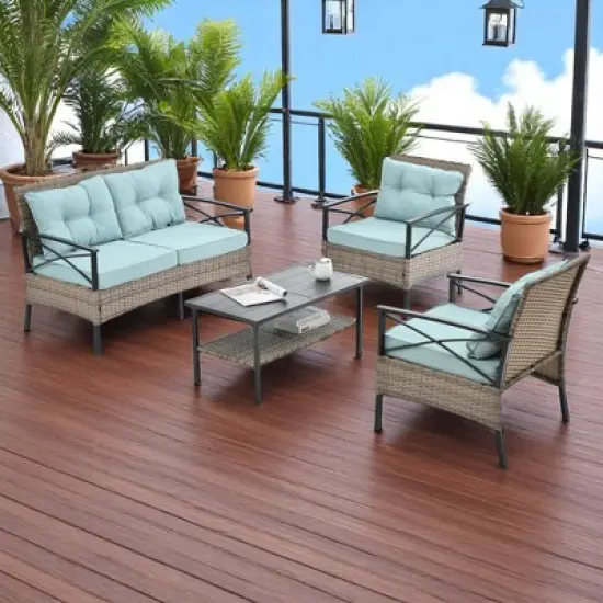 4-Piece Patio Furniture Set with PE Wicker, Metal Table, Cushions, and Comfortable Design for Outdoor Spaces image {2}