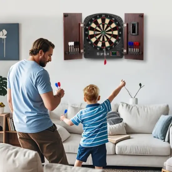 VEVOR Dartboard and Cabinet Set, Ready-to-Play Bundle Dartboard Cabinet Set, Hideaway Cabinet Features Electronic Scoring, Brown image {1}