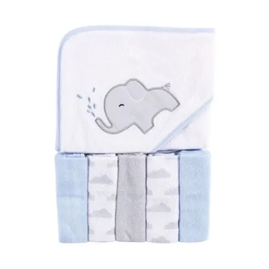 Luvable Friends Baby Boy Hooded Towel with Five Washcloths, Elephant Spray, One Size image {1}