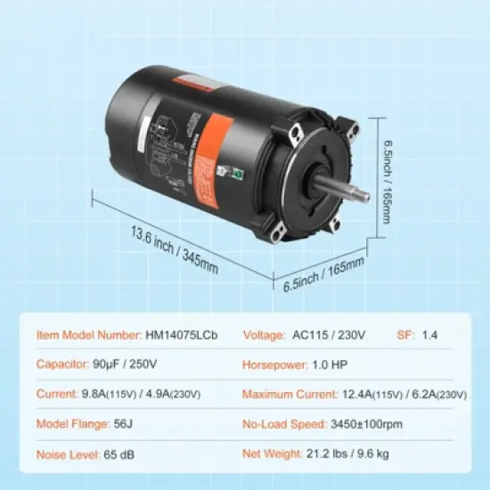 VEVOR 1 HP Pool Pump Motor, 56J Frame, 115V(9.8 Amps)/230V(4.9 Amps) 3450 RPM, 60Hz, 1.4 Service Factor, 90&mu;F/250V Capacitor image {7}