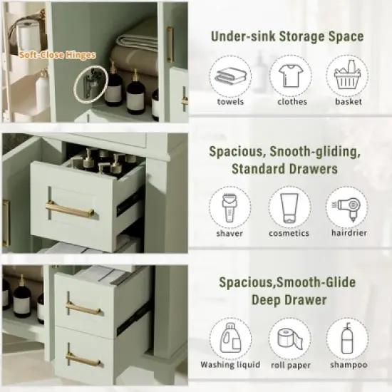 30" Modern Bathroom Vanity with Ceramic Sink, Soft-Close Doors, Deep & Standard Drawers, Free-Standing Storage Cabinet - ModernLuxe image {6}