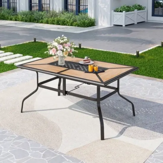 Captiva Designs 1Pc Outdoor Wood-look Rectangle Steel Frame Dining Table with Umbrella Hole image {13}