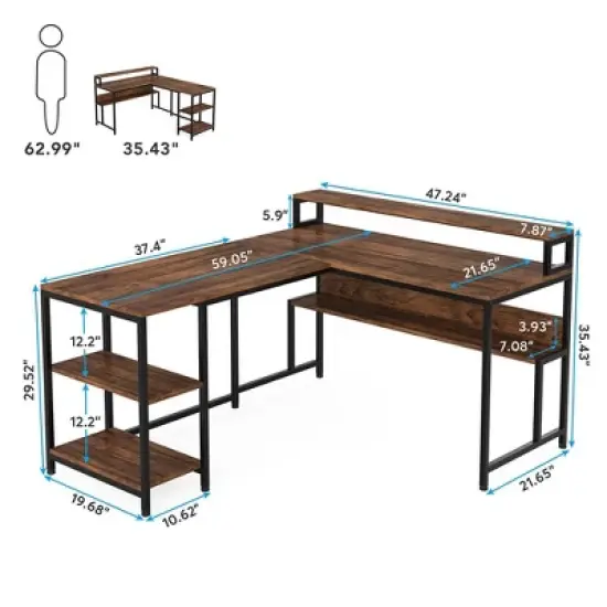 Resenkos Computer Desk, Gaming Desk,Reversible L-Shaped Desk, 59" Corner Desk with Shelves & Monitor Stand,Brown image {2}