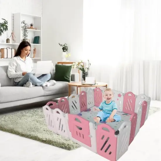 ORRD 16+2 Panel Baby Playpen - Foldable Playard with Safety Gate, Adjustable Shape for Kids (Pink+White) image {4}