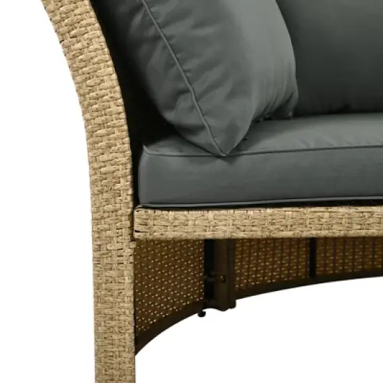 FIONECA Outdoor Patio Wicker Rattan Round Double Daybed with Retractable Canopy & 4 Pillows, Grey image {13}