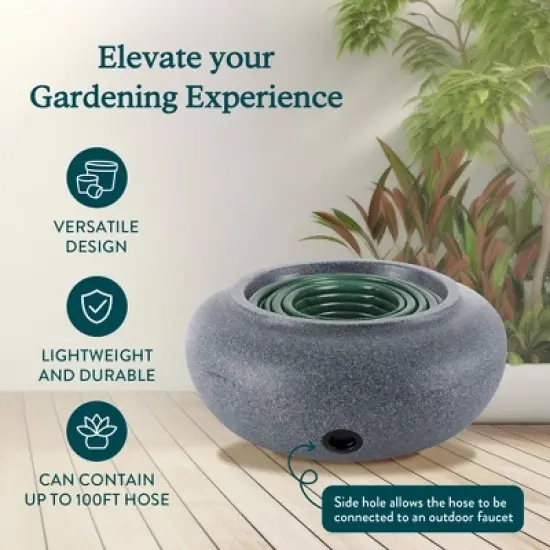 HC Companies Versatile 21 Inch Round Natural Decorative Plastic Outdoor Garden Hose Storage Pot with Side Hole, Granite (3 Pack) image {3}