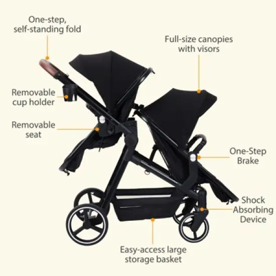 Tandem Stroller w/ Convertible Bassinet - Reversible Infant-to-Toddler Seat w/ XL Storage & Adjustable Canopy, One-Pull Fold image {2}