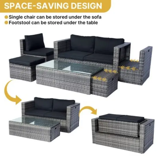 Rbied 6-Piece Wicker Outdoor Sofa Sectional Set Conversation Set with Black Cushions, Smart Storage Design image {6}