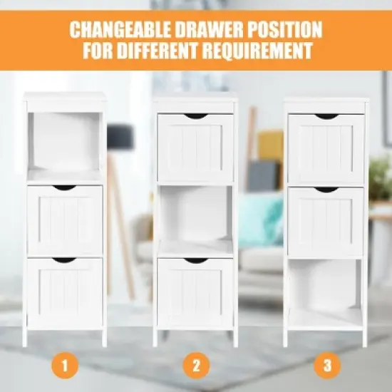 Costway Bathroom Floor Cabinet Side Wooden Storage Organizer w/ Removable Drawers White image {8}