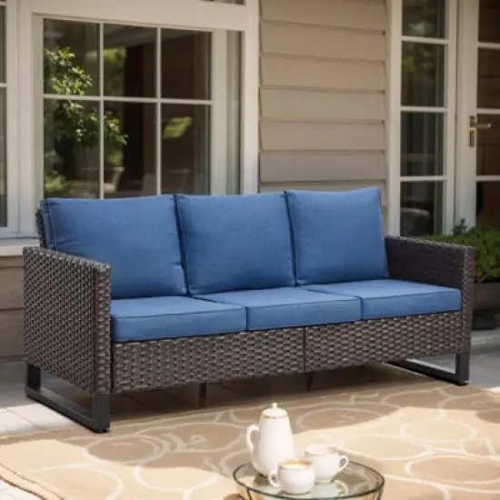 POCASSY 68.5" Outdoor Wicker Couch with Metal Armrest, 3-Seater Couch with Square Armrest Patio Furniture Sofa for Porch Balcony, Blue image {8}