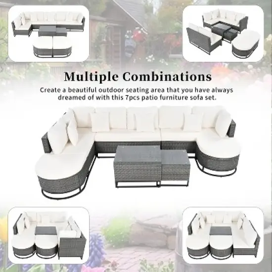 FIONECA 7-Piece Outdoor Wicker Sectional Sofa Set with 2 Coffee Tables, Free-Combination Patio Furniture with Cushions &uml;C Beige image {3}