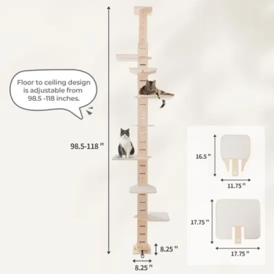 Sandinrayli Floor to Ceiling Cat Tree Tower for Indoor Large Cats 7 Tier Tall Cat Climbing Pole 98-114 inches, Wood image {2}
