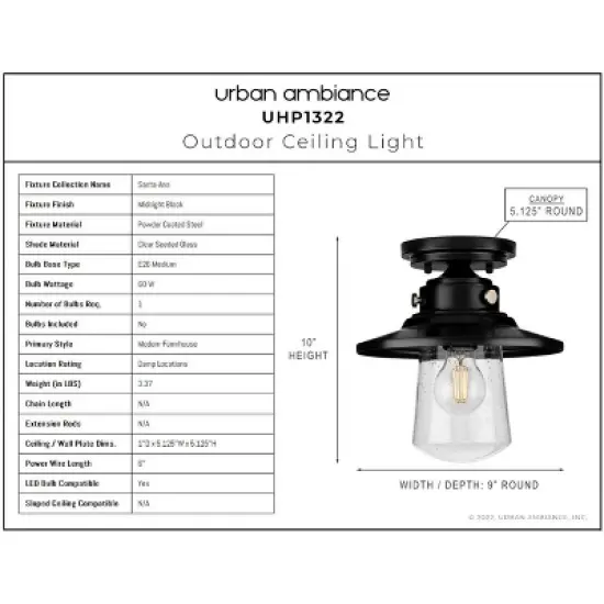 Urban Ambiance Luxury Coastal Outdoor Ceiling Light 10''H x 9''W,  Midnight Black Finish,  Santa-Ana Collection, UHP1322 image {2}