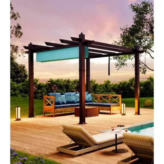 10x10 Ft Retractable Outdoor Pergola with Canopy, Upgraded Wood-Grain Aluminum Pergola, UV-Resistant Metal Shelter for Backyard, Patio, Porch image {3}