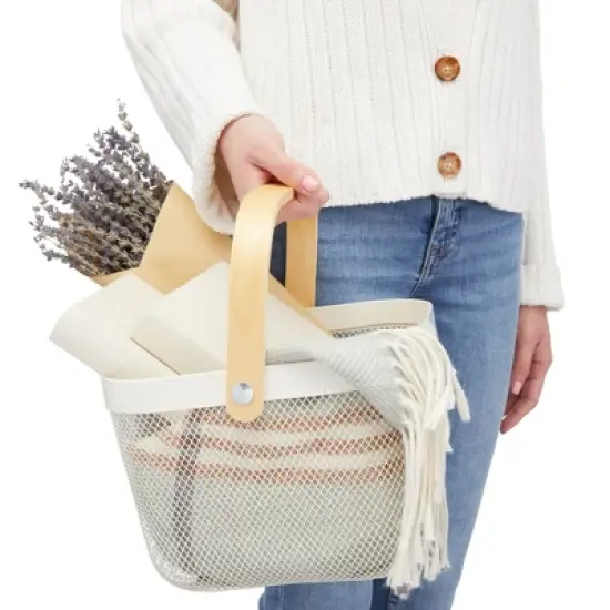 Juvale 4 Pack Square Mesh Fruit Basket with Wooden Handle for Pantry Kitchen Food Storage Organization, White, 9.4 x 6.9 in image {4}