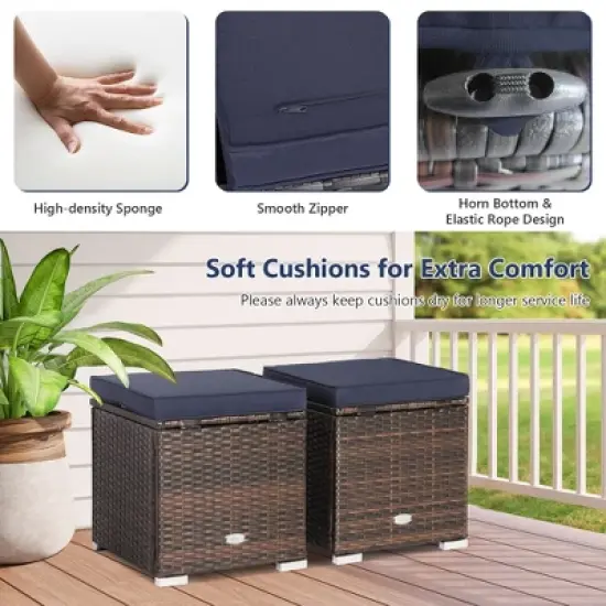 Costway 2PCS Patio Rattan Ottomans Seat Side Table Storage Box Footstool W/Cushions Navy image {5}