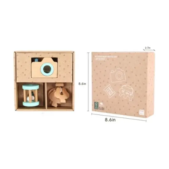 Freniland&trade; - 3 PCs Wooden Baby Rattle Toy Set for 10 Months+, Beech Wood Teether & Pretend Camera Toy, Safe & Educational Gift Set (Mint Green) image {4}