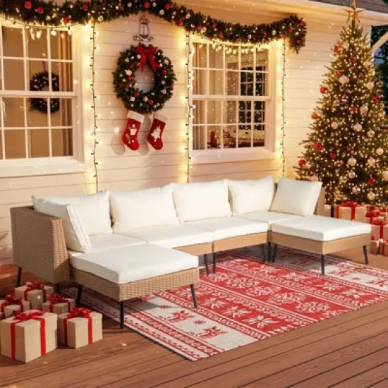 Karl Home Patio 6-Piece Yellow Wicker Sectional Sofa with Beige Cushions image {7}