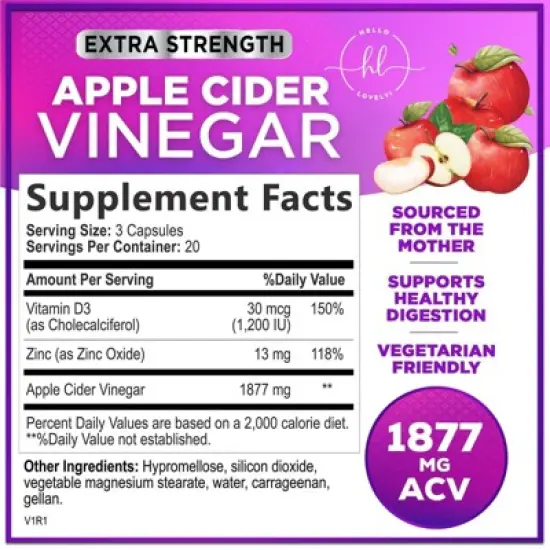 Apple Cider Vinegar Pills from the Mother - 1877mg of ACV with Vitamin D3 & Zinc, ACV Supplement for Digestion - 60 Capsules By Hello Lovely! image {1}