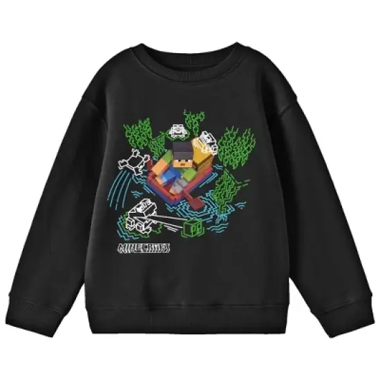Minecraft Character Paddling With Doodle Art Youth Black Crew Neck Sweatshirt image {2}