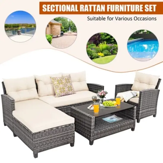 Costway 4PCS Patio Rattan Furniture Set Sofa Ottoman Cushion Garden Deck White/Gray image {5}