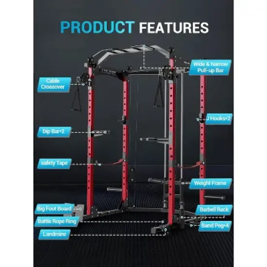 Acekool Power Cage, Multi-Functional Home Gym Squat Rack with Cable System, 1600LB Capacity, Over 20 Attachments, Black image {4}