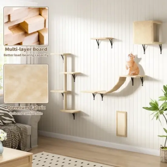 Sandinrayli Cat Wall Shelves - Wall-Mounted Set of 5, Floating Perches & Hanging Beds, Modern Furniture for Large Cats/Kitties (Beige) image {1}