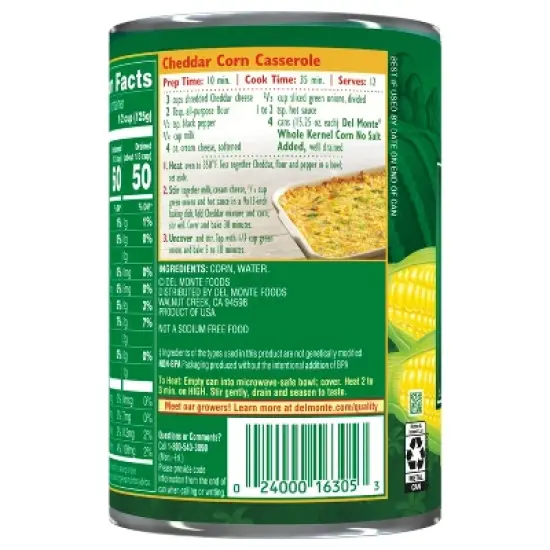 Del Monte No Salt Added Golden Sweet Whole Kernel Corn - 15.25oz image {2}