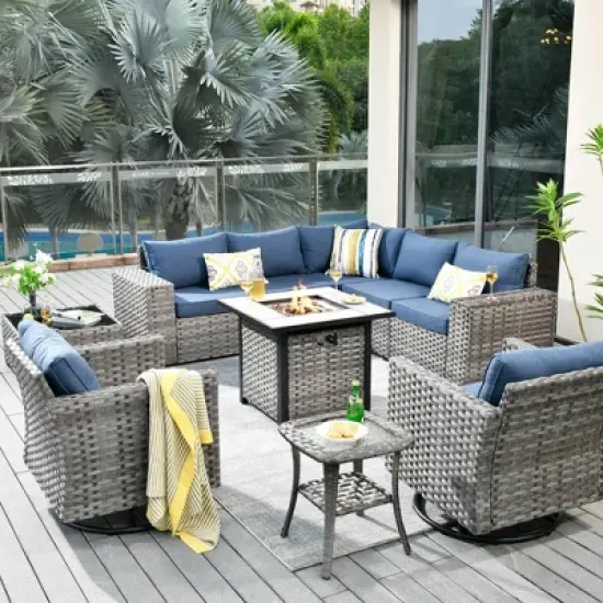 Marlton 10pc Wicker Outdoor Fire Pit Patio Furniture Set Conversation Sofa with Swivel Chairs and Cushions image {18}