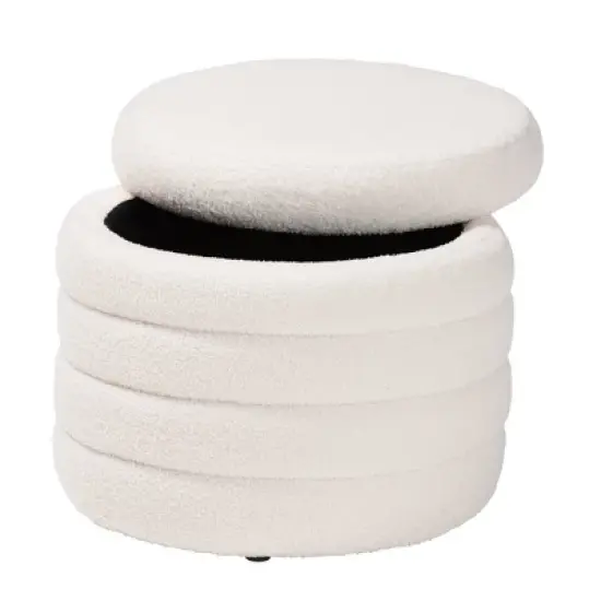 Tabitha Boucle Upholstered Storage Ottoman Ivory - Baxton Studio: Contemporary Round, No Assembly Required image {2}