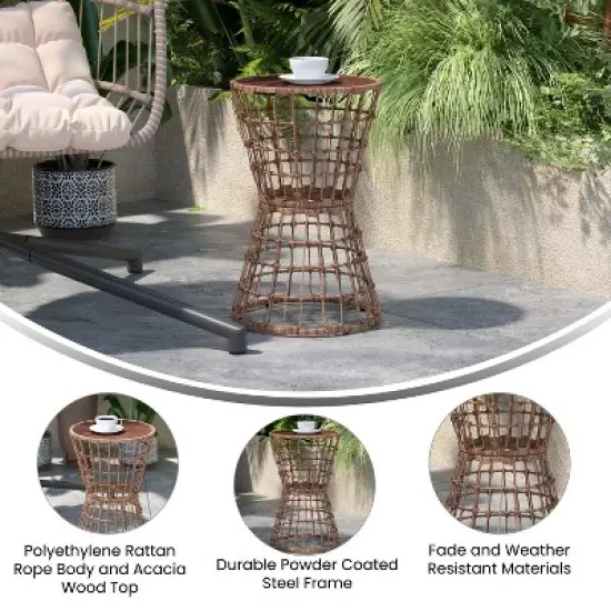 Flash Furniture Devon Indoor/Outdoor Natural Finish Rattan Rope Table with Acacia Wood Top, Fade and Weather Resistant image {4}