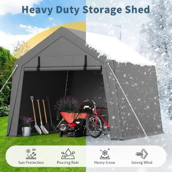 Portable Carport Storage Shed with Roll-up Zipper Door, Heavy Duty Waterproof Tarp, Storage for Motorcycle, Bike, Garden Tools, Gray image {2}