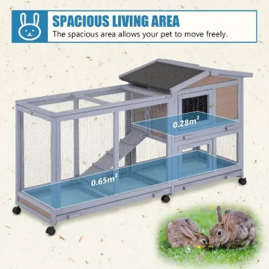FDW Wood Rabbit Hutch Rabbit Cage Bunny Hutch Rolling Large Bunny Cage Indoor Outdoor Two Story Guinea Pig Hutch Rabbit House with Wheels, Grey image {5}