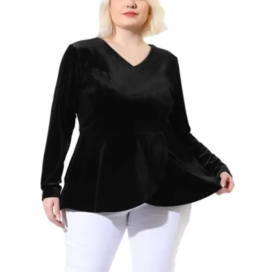 Agnes Orinda Women's Plus Size V Neck Tulip Hem Long Sleeve Peplum Velvet Tops image {8}