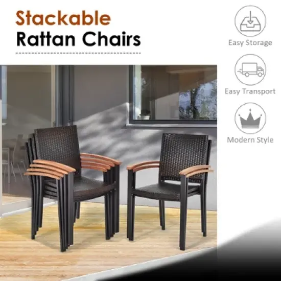 Costway 7PCS Patio Rattan Dining Set Acacia Wood Table Top Stackable Chairs image {5}