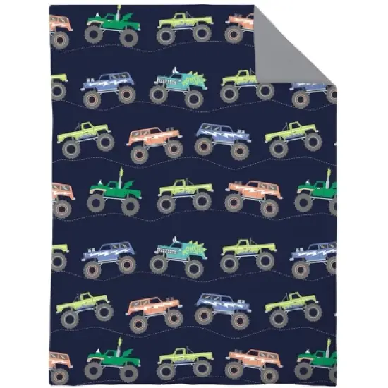 Carter's Monster Truck 4 Piece Toddler Bed Set - Comforter, Fitted Bottom Sheet, Flat Top Sheet, Standard Pillowcase, Navy and Grey image {1}