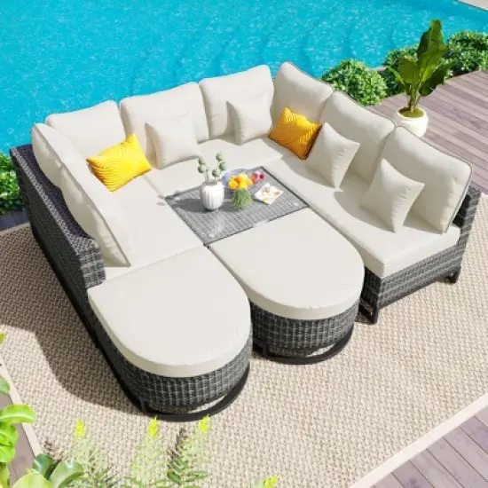 FIONECA 7-Piece Large Outdoor Wicker Sofa Set with 2 Coffee Tables & Pillows, Patio Rattan Sectional Furniture for Garden, Deck, Beige image {2}