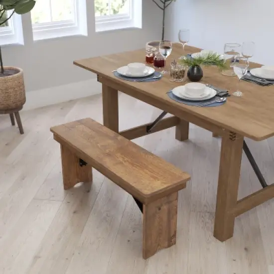 Merrick Lane Antique Solid Pine Folding Farmhouse Style Bench image {4}