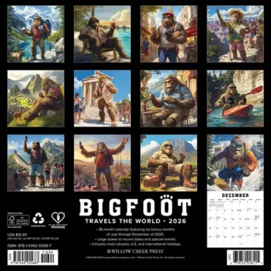 Willow Creek Press 12"x12" 2026 Bigfoot Travels the World Wall Calendar image {1}