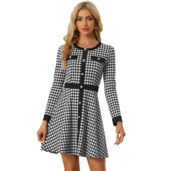 Allegra K Women's Houndstooth Plaid Contrast Color Crew Neck Button Front Elegant A-Line Dress image {5}